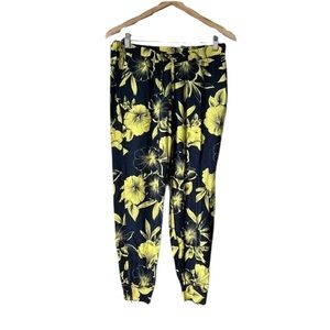 Stylus Women’s Navy Blue Yellow Floral Hibiscus Jogger Pants Medium